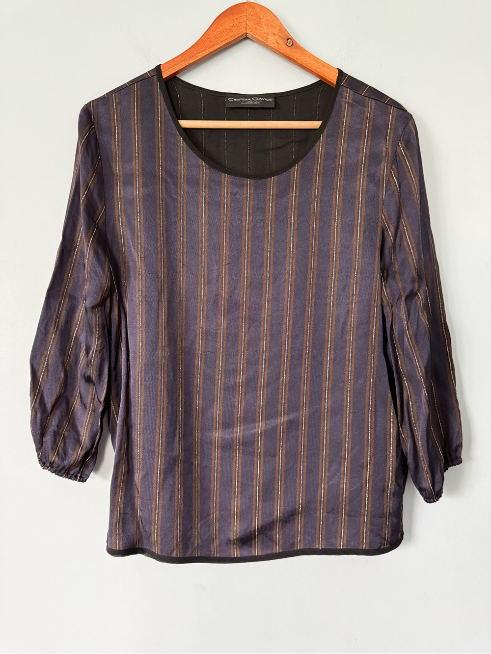Cristina Gavioli Collection Metallic Stripe Blouse Size 8 Sheer 3/4 Sleeve Top